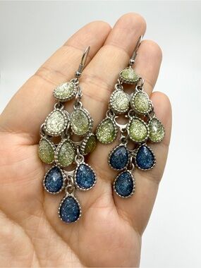 Green and Blue Teardrop Dangle Earrings - Sparkling Multicolor Chandelier